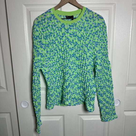 ASOS Men’s XL Puckered Texture Crinkly Long Sleeve Top Lime Green Y2K Checker - Picture 1 of 12